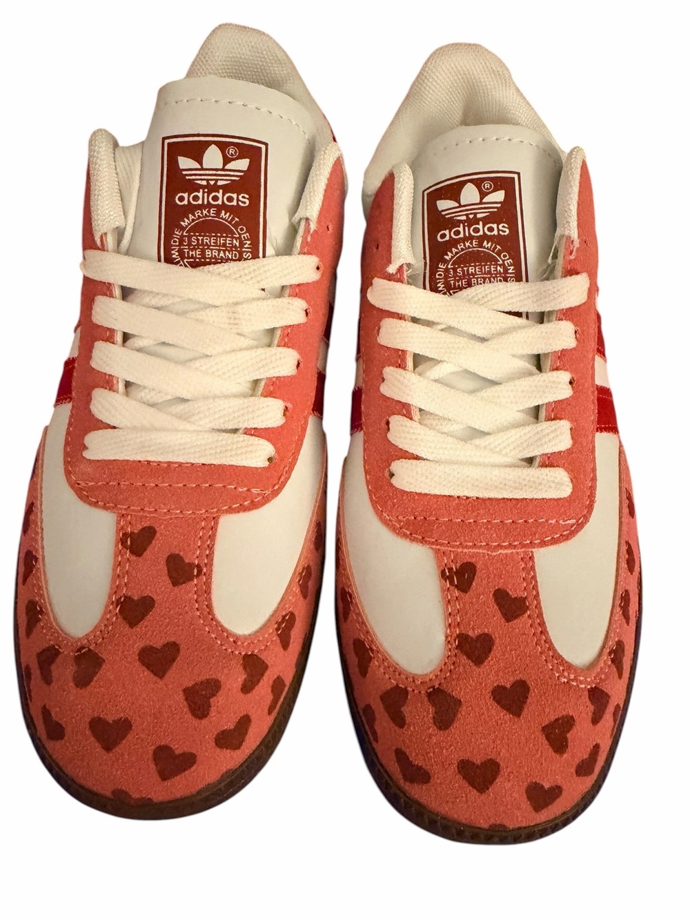adidas Coral & White Heart-Print Retro Trainers - Picture 1 of 4